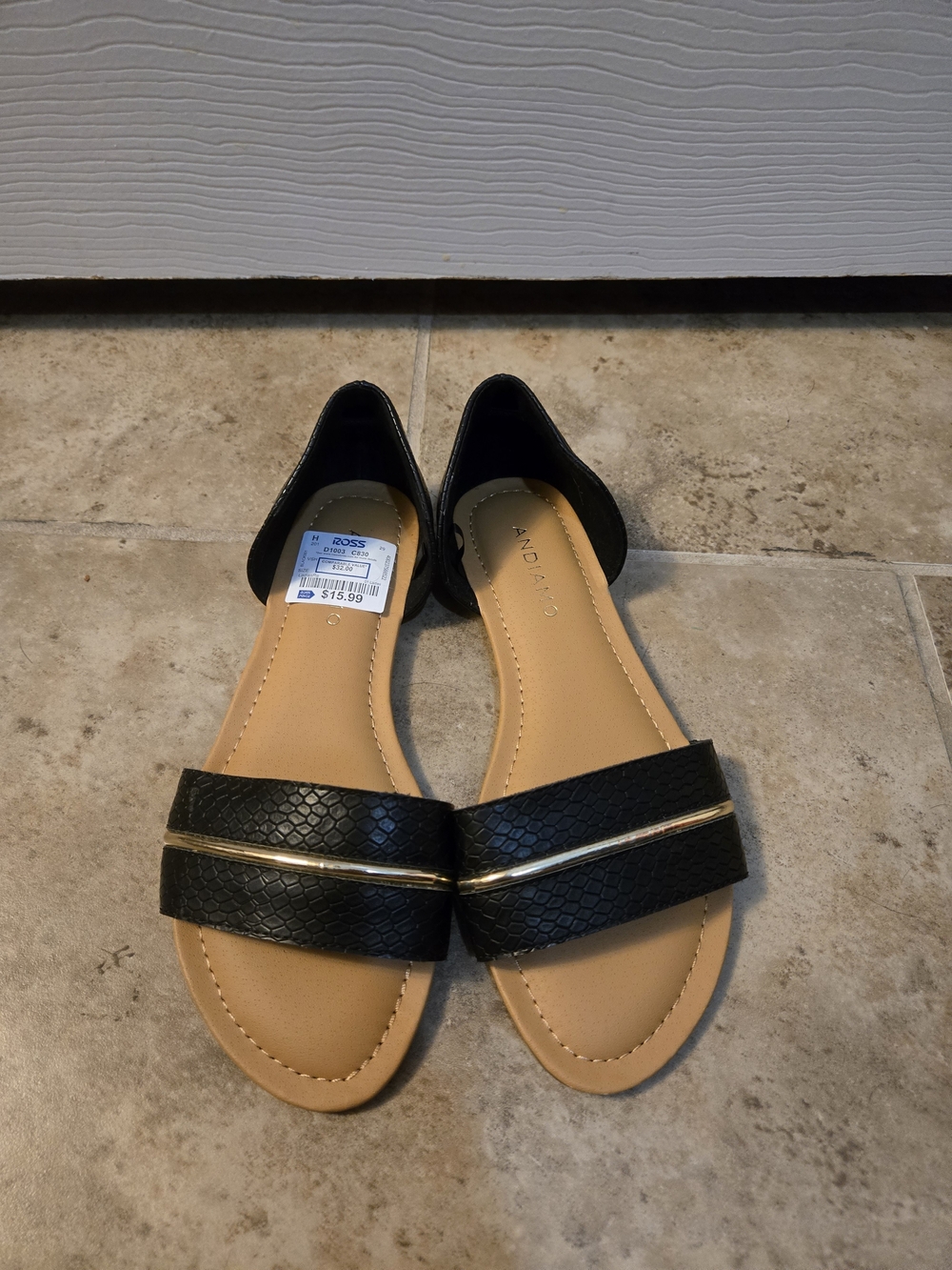 Black D'Orsay Flat Sandals with Gold Accent